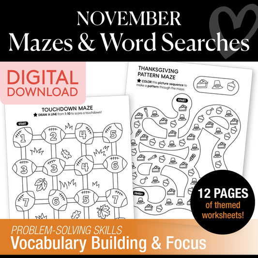 Printable November Mazes and Word Searches