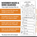 Load image into Gallery viewer, Printable November Mazes and Word Searches
