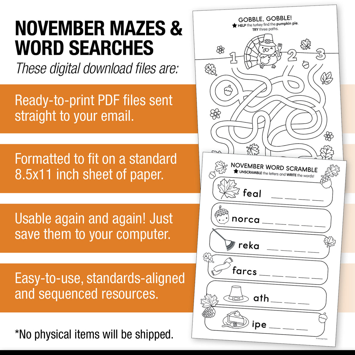 Printable November Mazes and Word Searches