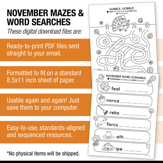 Printable November Mazes and Word Searches