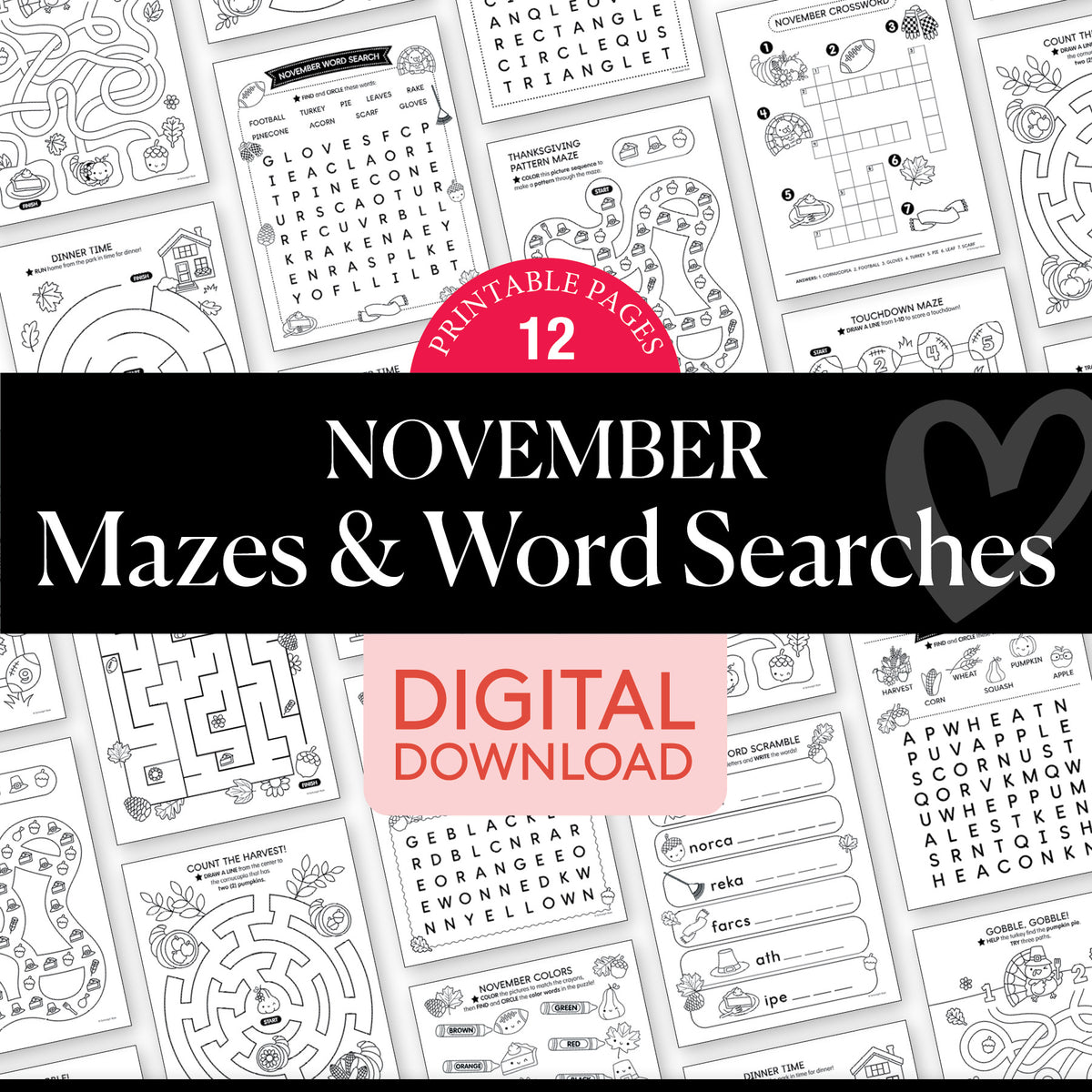 Printable November Mazes and Word Searches
