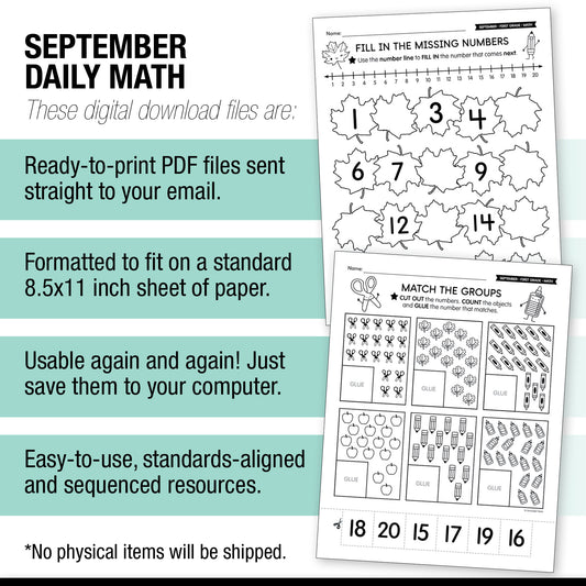 First Grade September Daily Math Worksheets