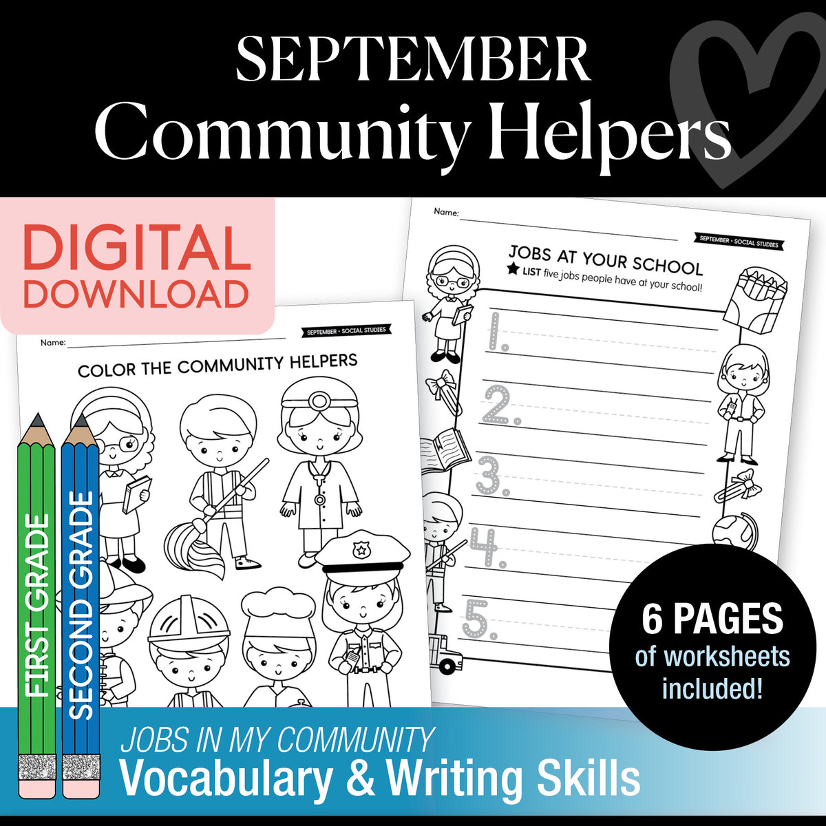 Printable First & Second Grade September Community Helpers Worksheets & Activities