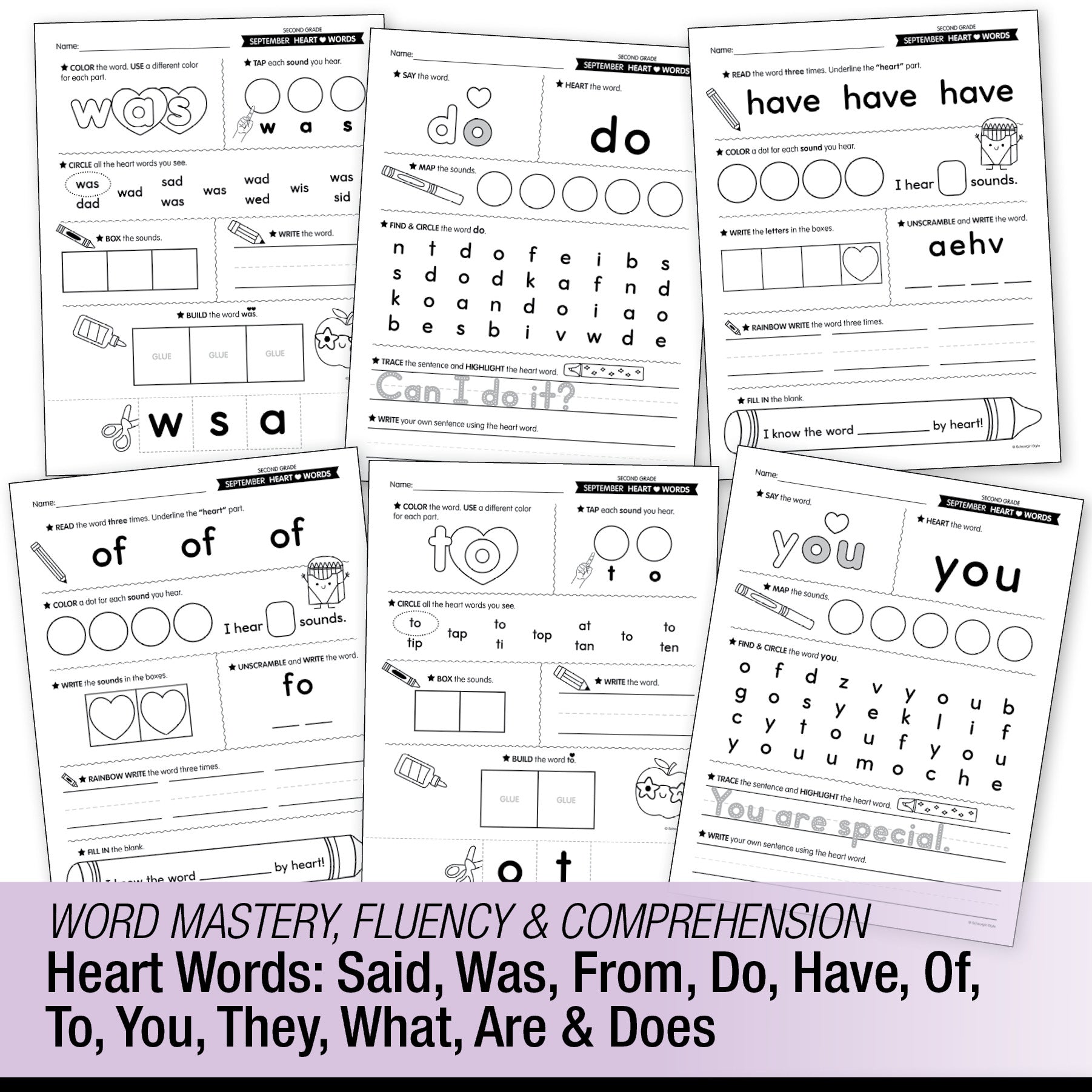 Second Grade September Daily Heart Words Worksheets
