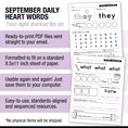 Load image into Gallery viewer, Second Grade September Daily Heart Words Worksheets
