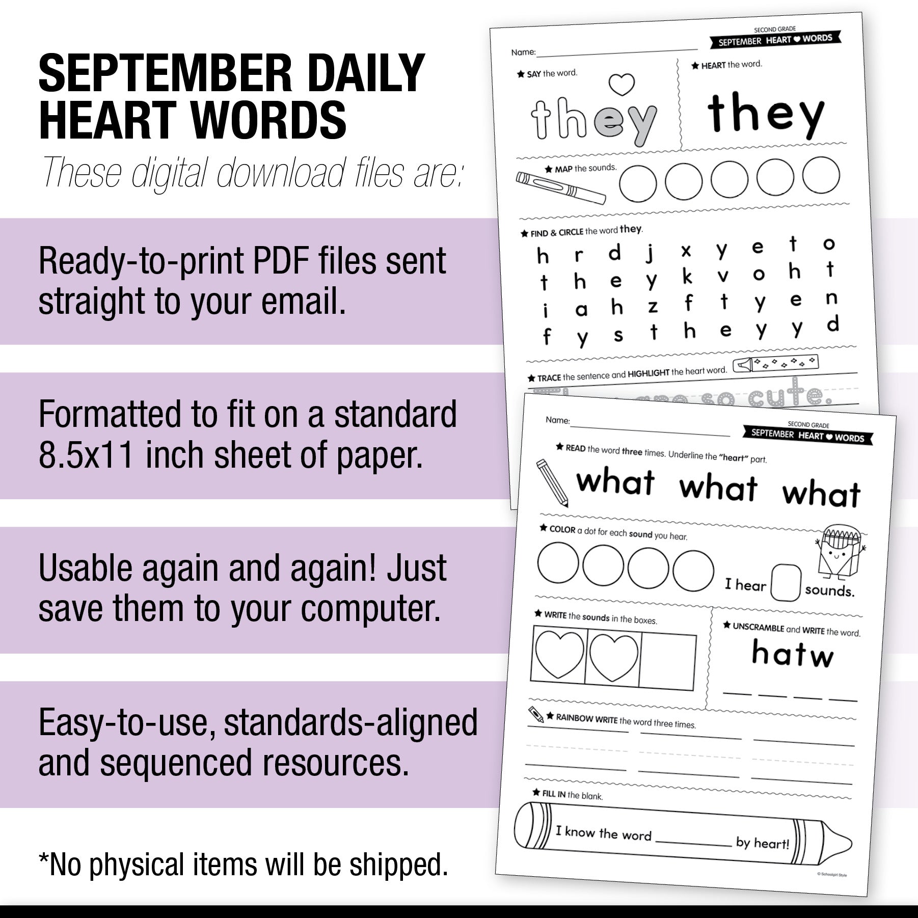 Second Grade September Daily Heart Words Worksheets