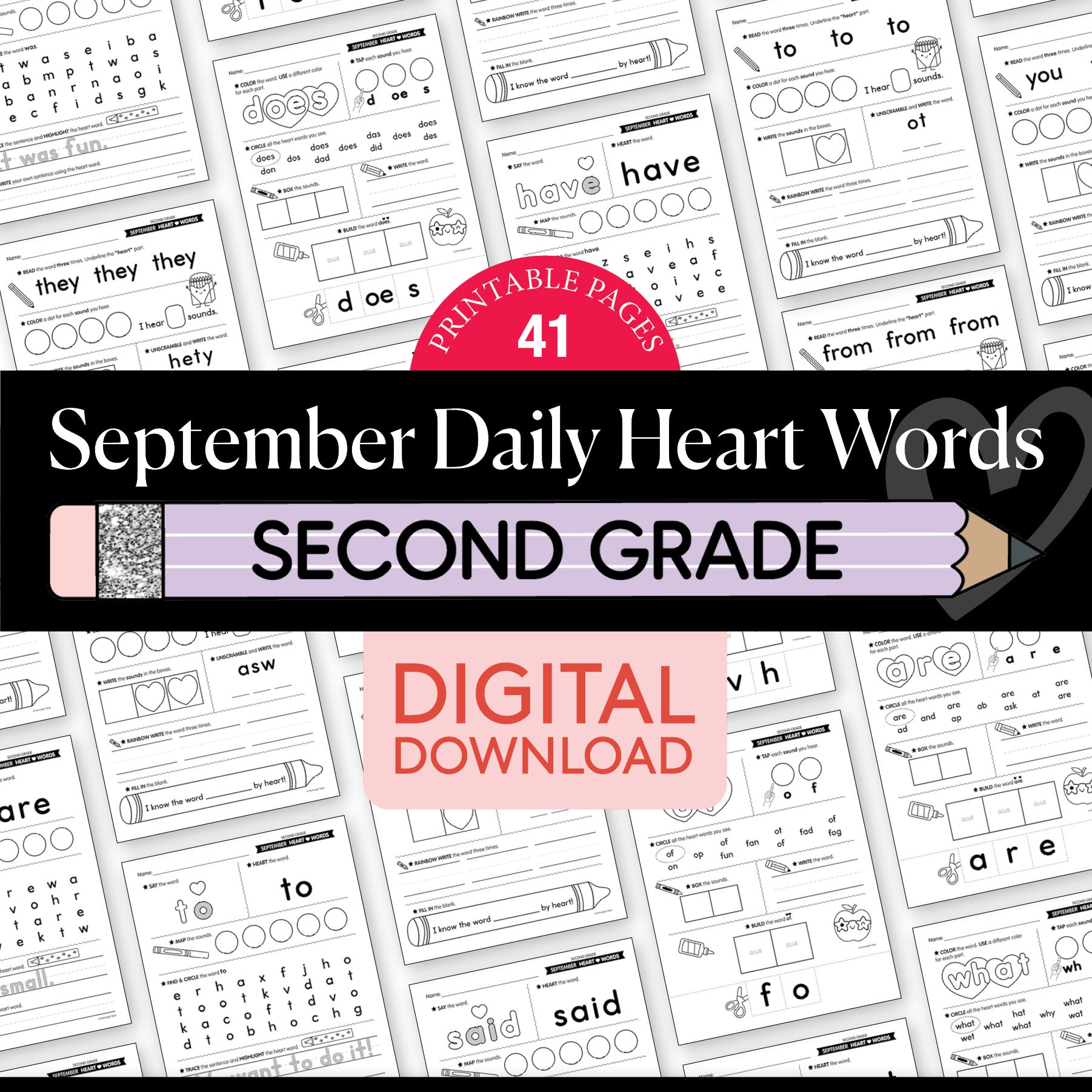 Second Grade September Daily Heart Words Worksheets