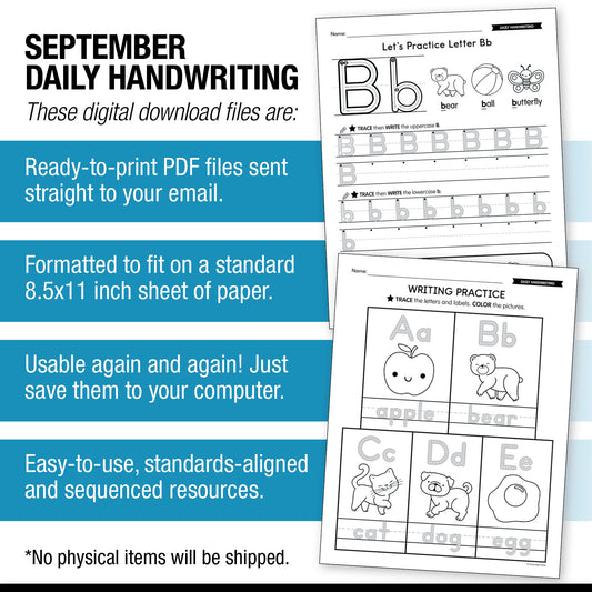 Kindergarten September Daily Handwriting Worksheets