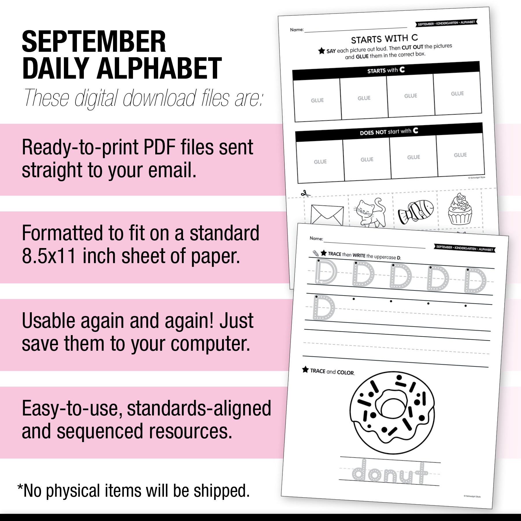 Kindergarten September Daily Alphabet Worksheets