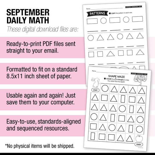 Kindergarten September Daily Math Worksheets