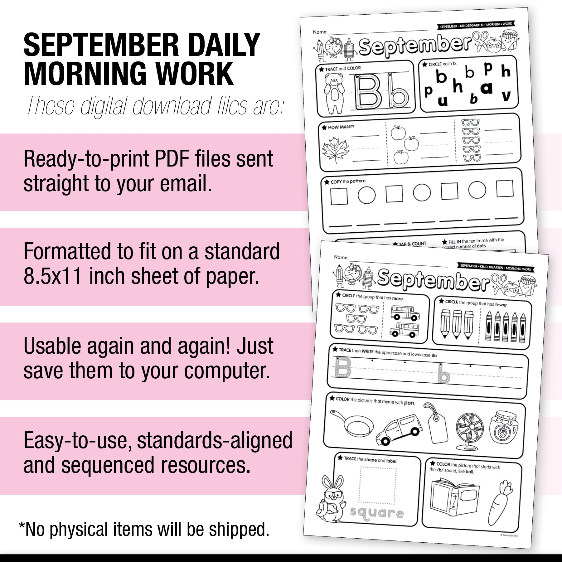 Kindergarten September Daily Morning Work