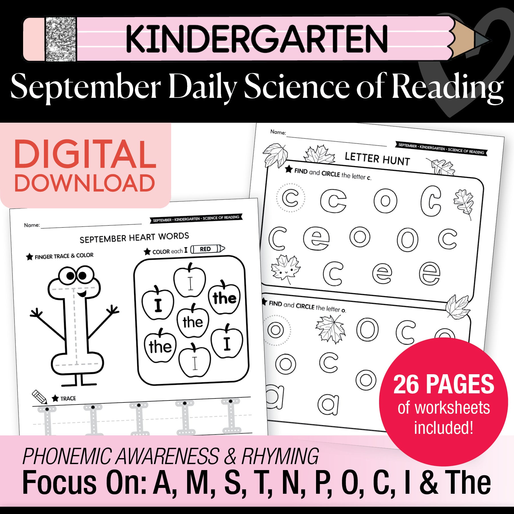 Kindergarten September Daily Science of Reading Worksheets