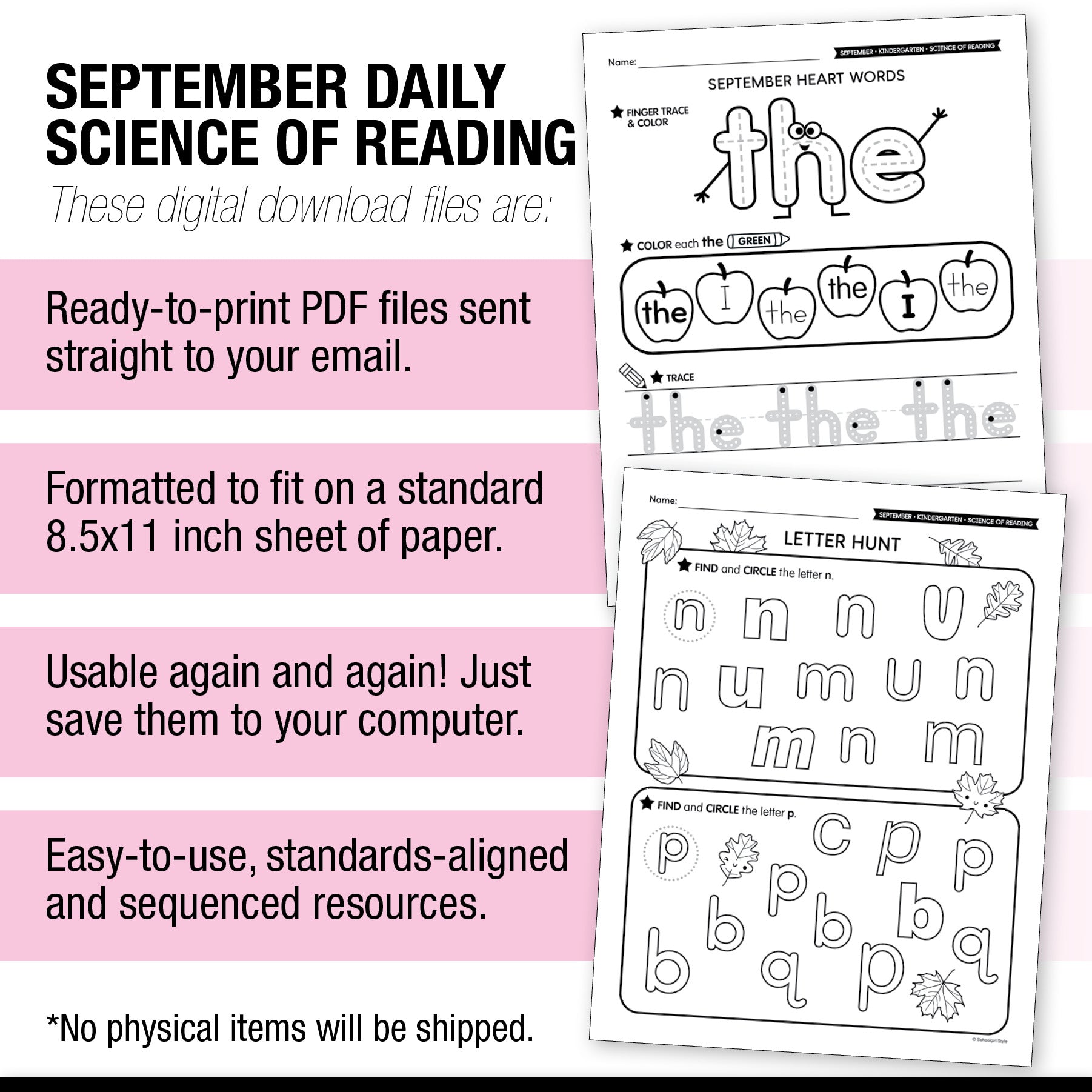 Kindergarten September Daily Science of Reading Worksheets