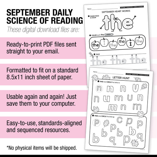 Kindergarten September Daily Science of Reading Worksheets
