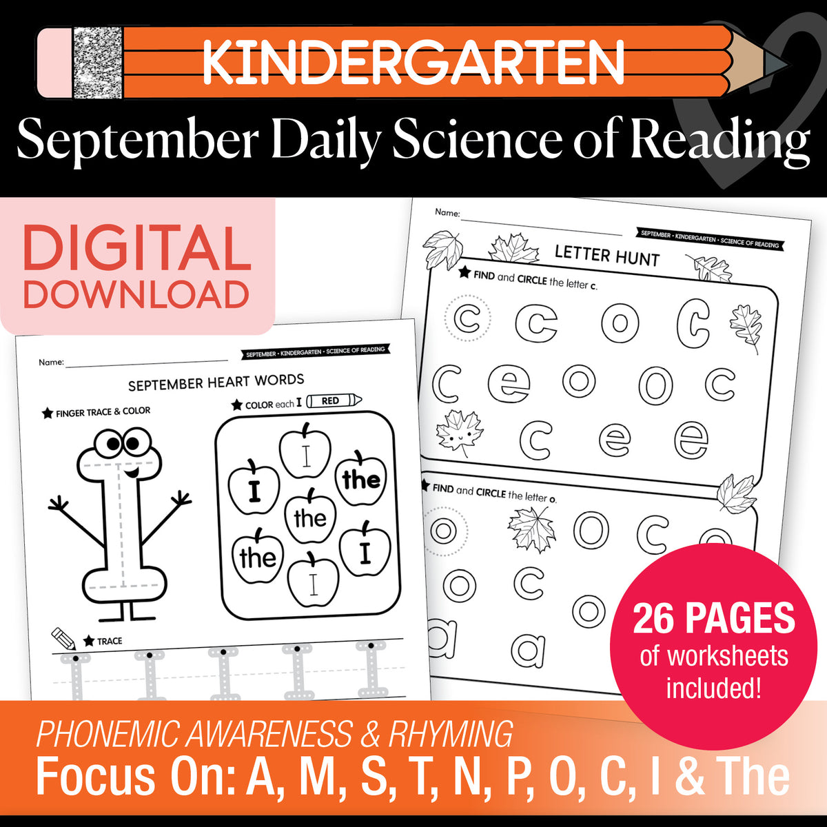 Kindergarten September Daily Science of Reading Worksheets