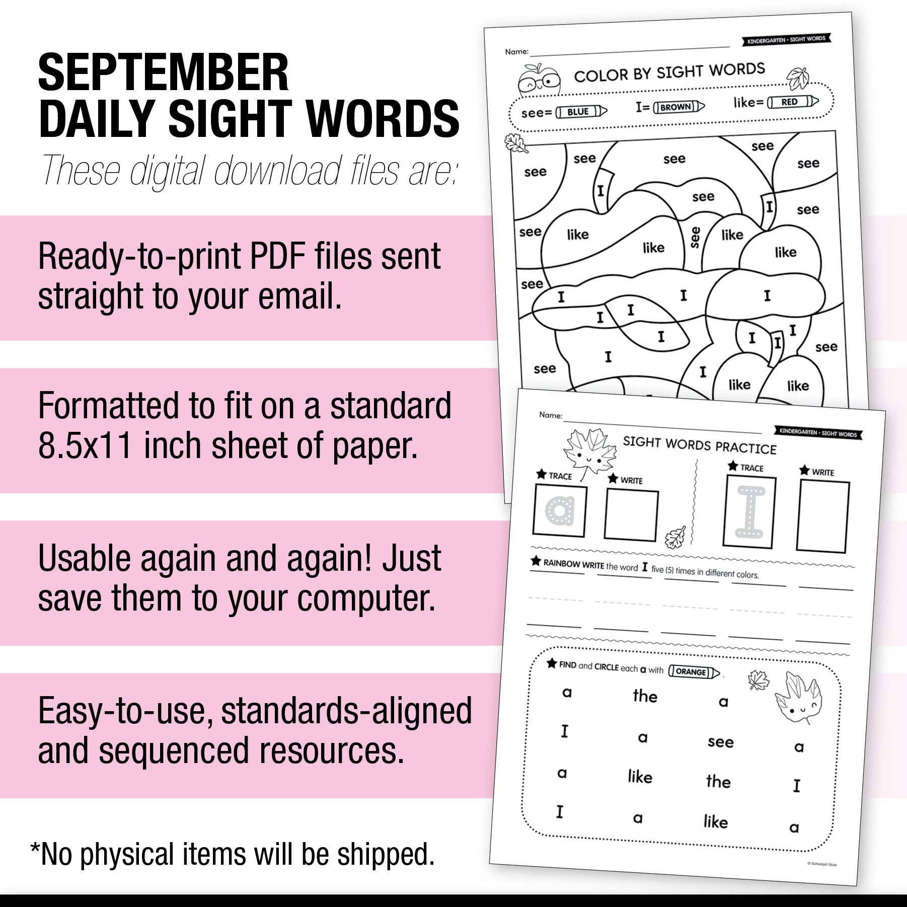 Kindergarten September Daily Sight Words