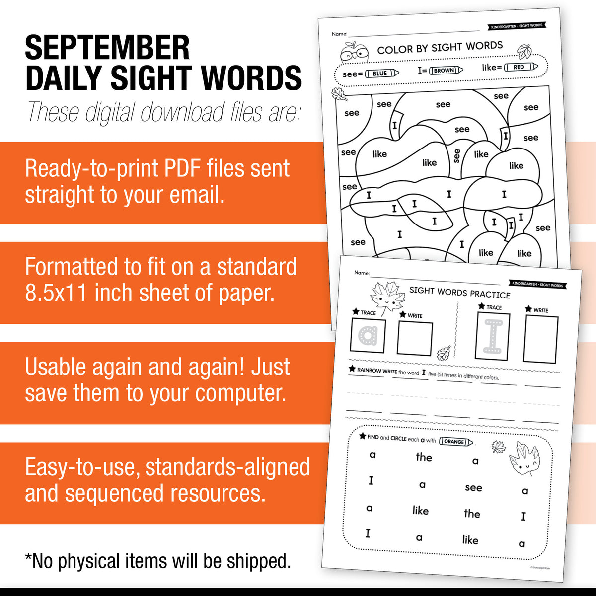 Kindergarten September Daily Sight Words