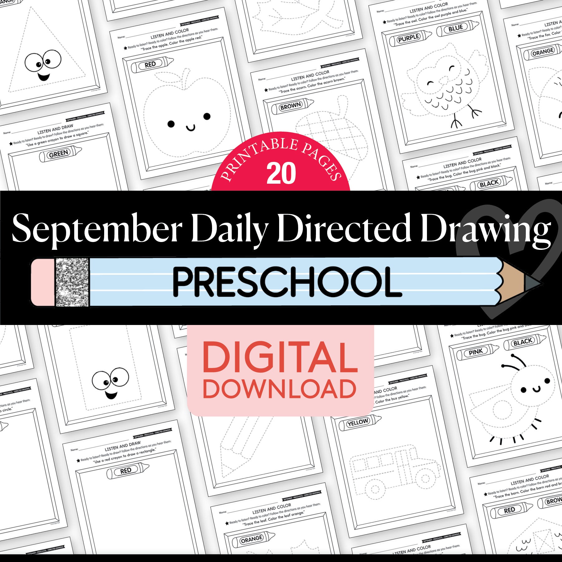 Preschool September Directed Drawing Worksheets