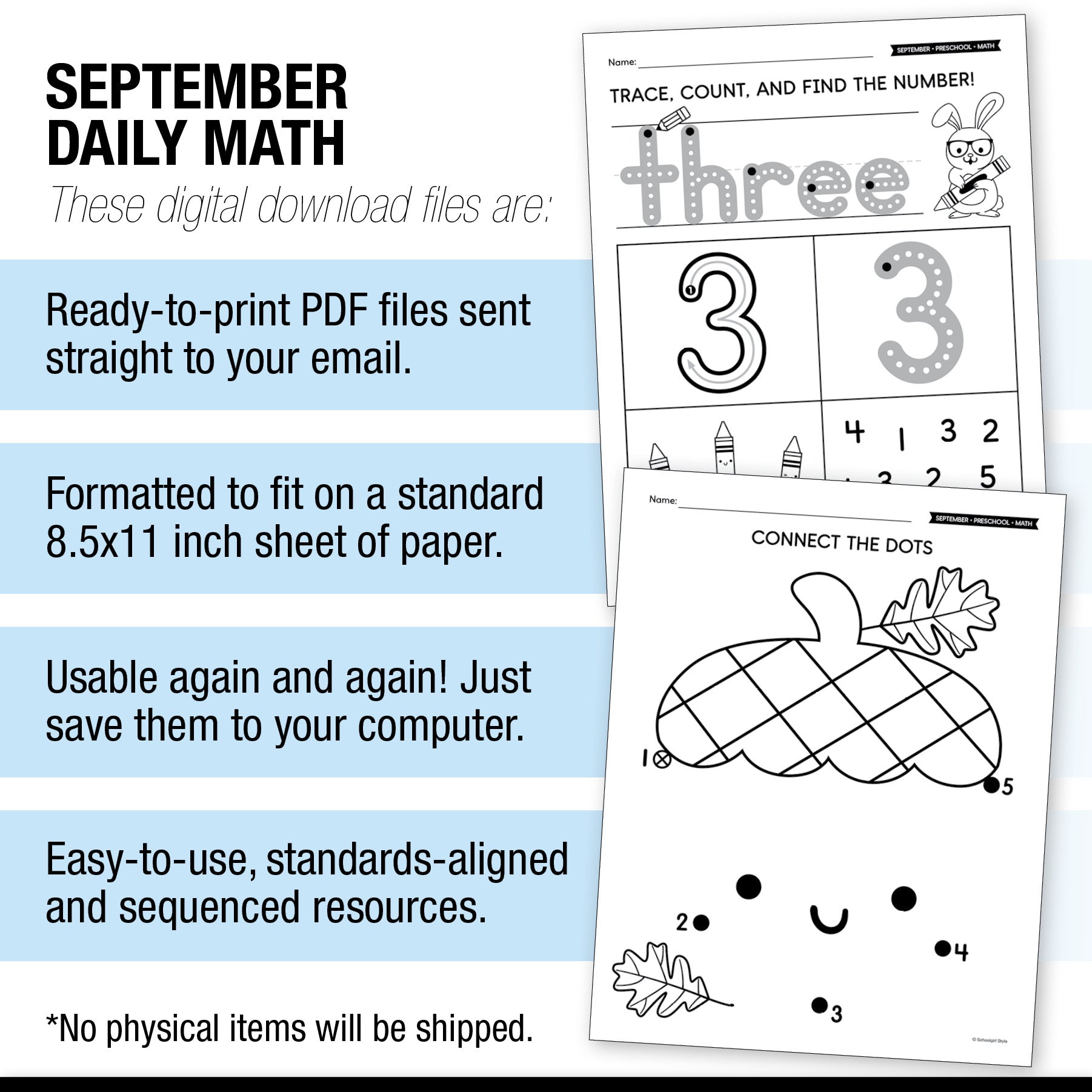 Preschool September Daily Math Worksheets