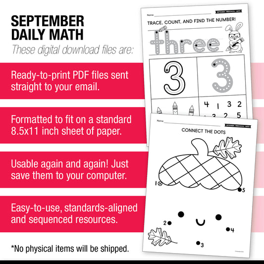 Preschool September Daily Math Worksheets