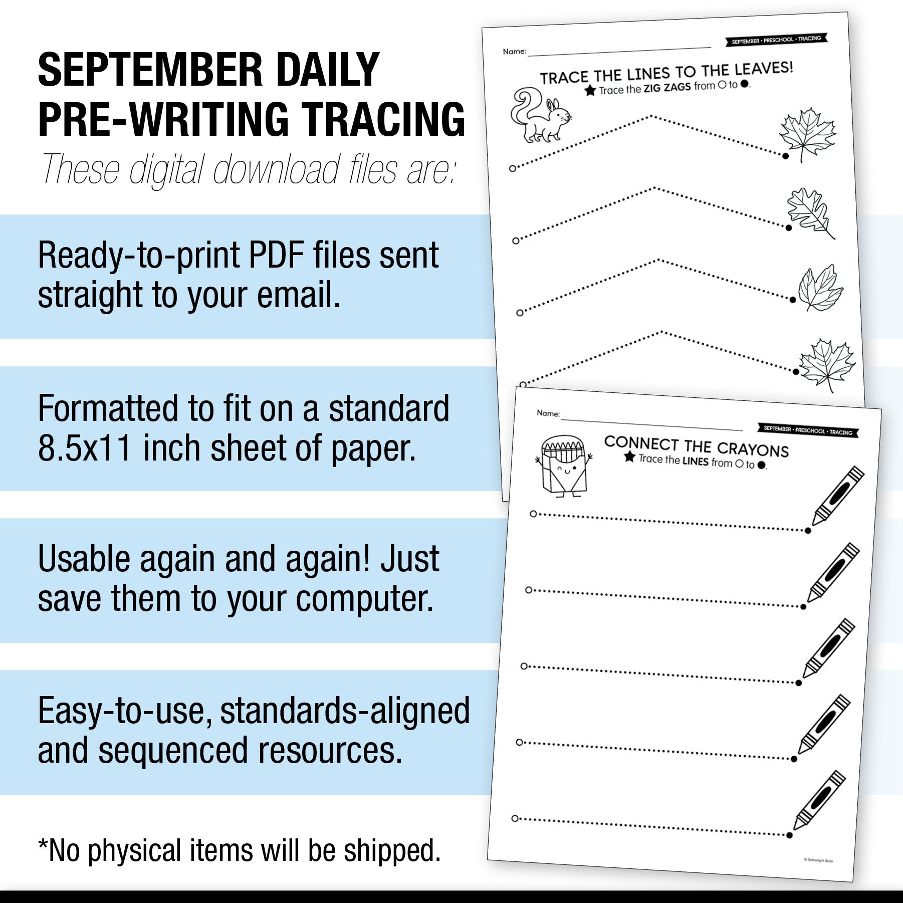 Preschool September Pre-Writing Tracing Worksheets