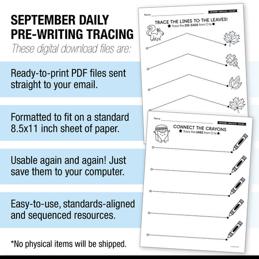 Preschool September Pre-Writing Tracing Worksheets