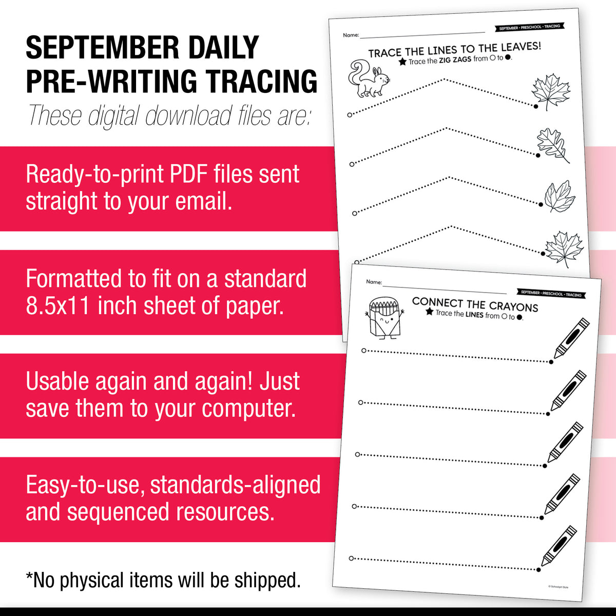 Preschool September Pre-Writing Tracing Worksheets