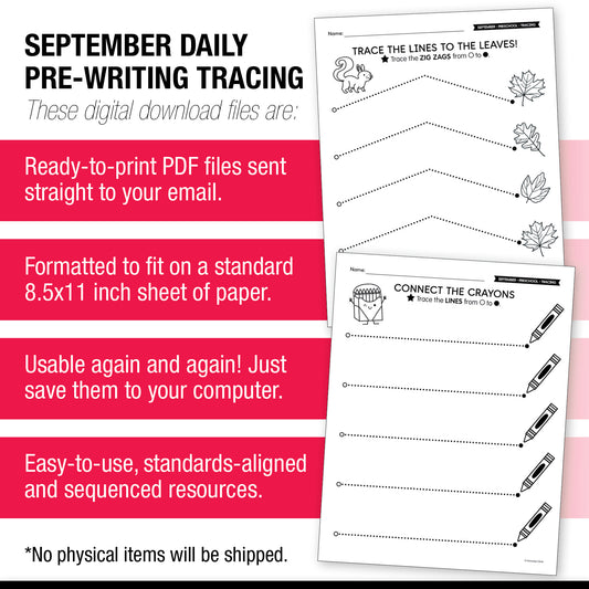 Preschool September Pre-Writing Tracing Worksheets