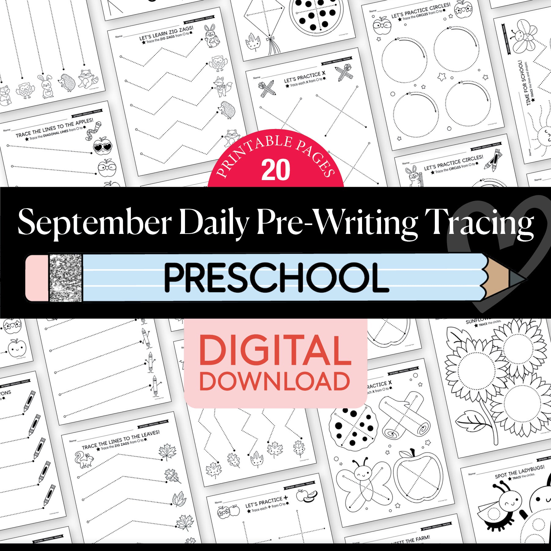 Preschool September Pre-Writing Tracing Worksheets