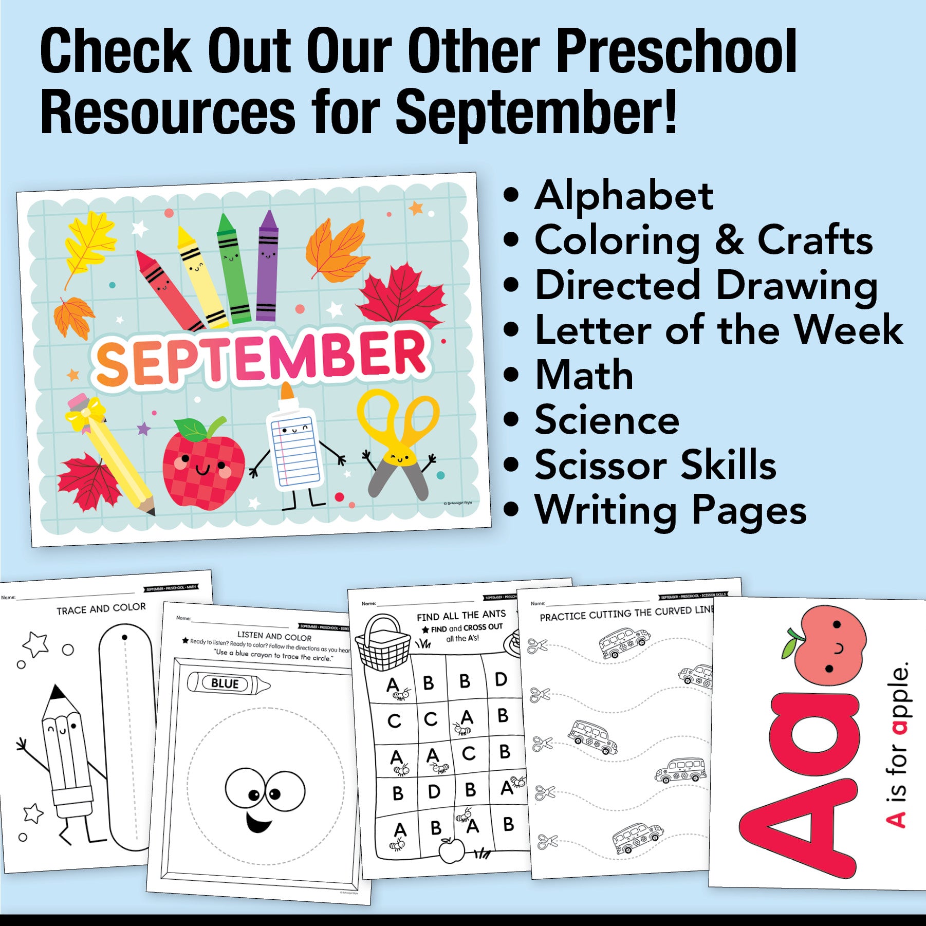 Preschool September Pre-Writing Tracing Worksheets