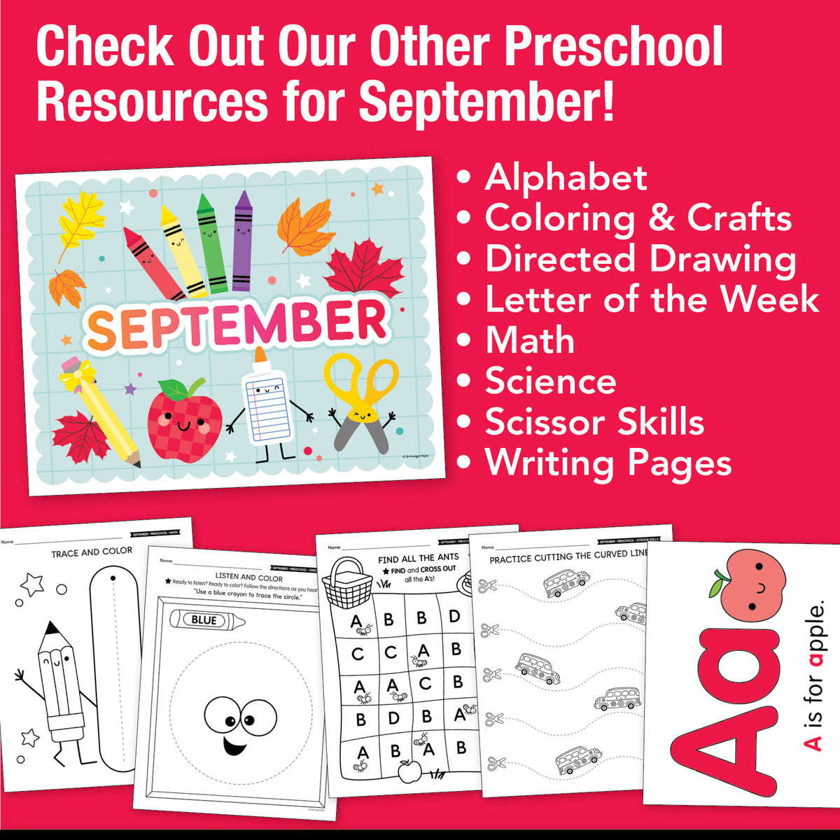 Preschool September Pre-Writing Tracing Worksheets