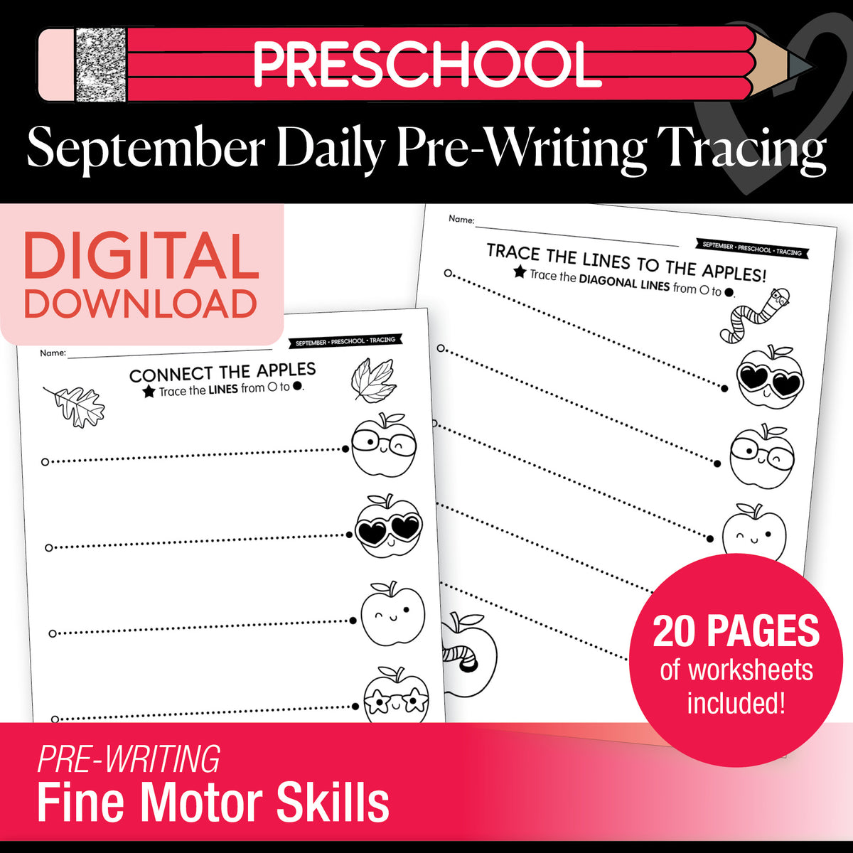 Preschool September Pre-Writing Tracing Worksheets