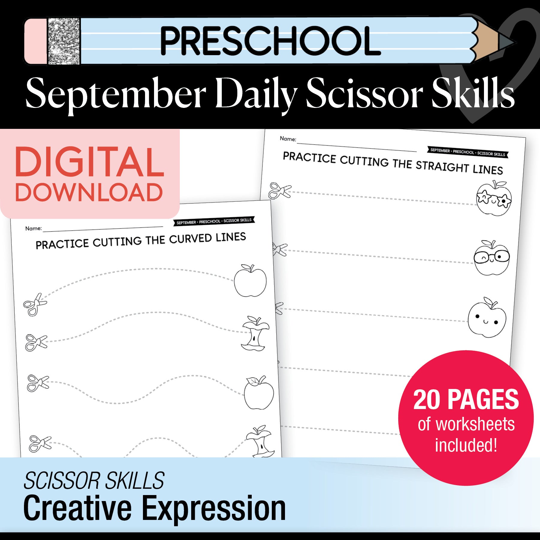 Preschool September Scissor Skills Worksheets