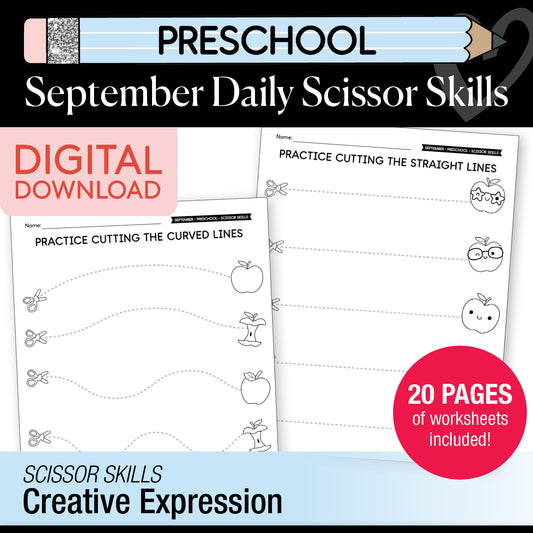 Preschool September Scissor Skills Worksheets