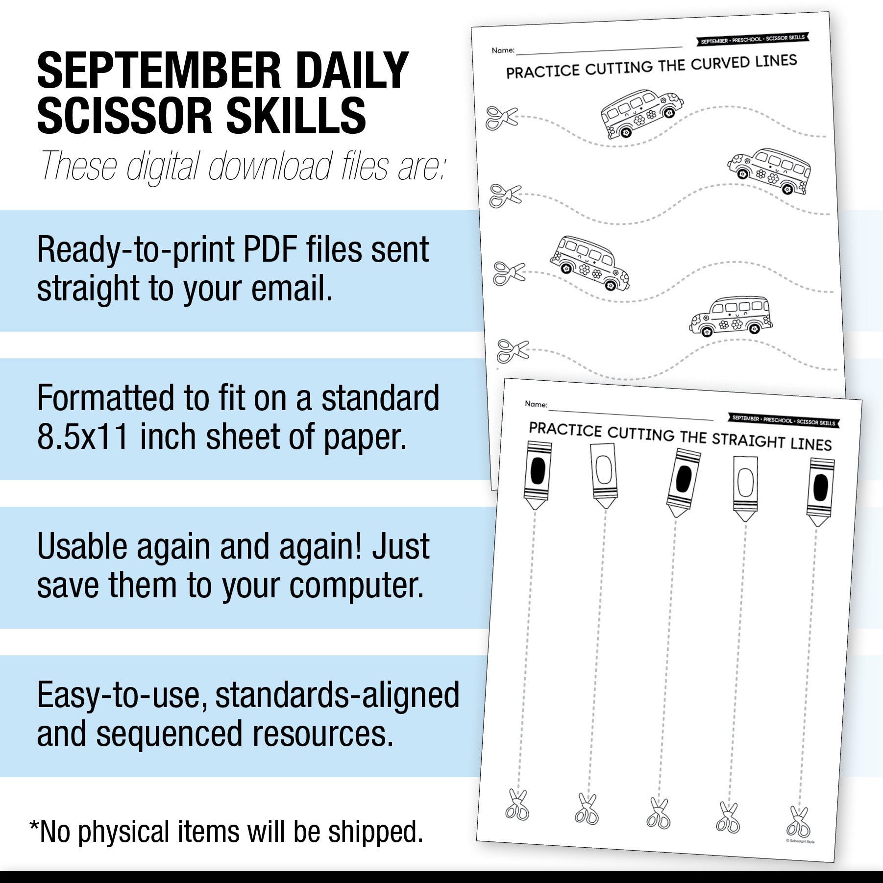 Preschool September Scissor Skills Worksheets