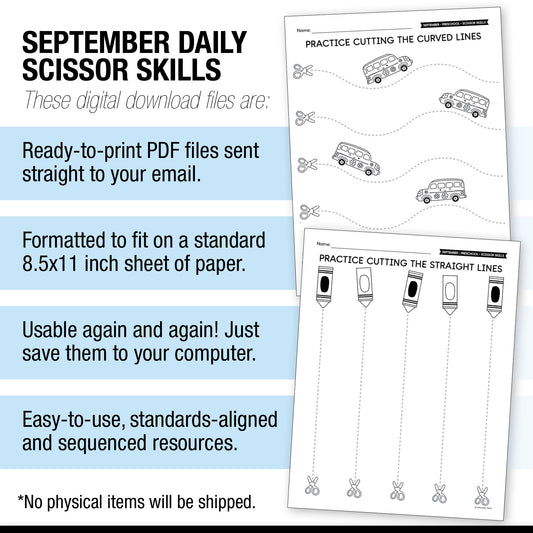 Preschool September Scissor Skills Worksheets
