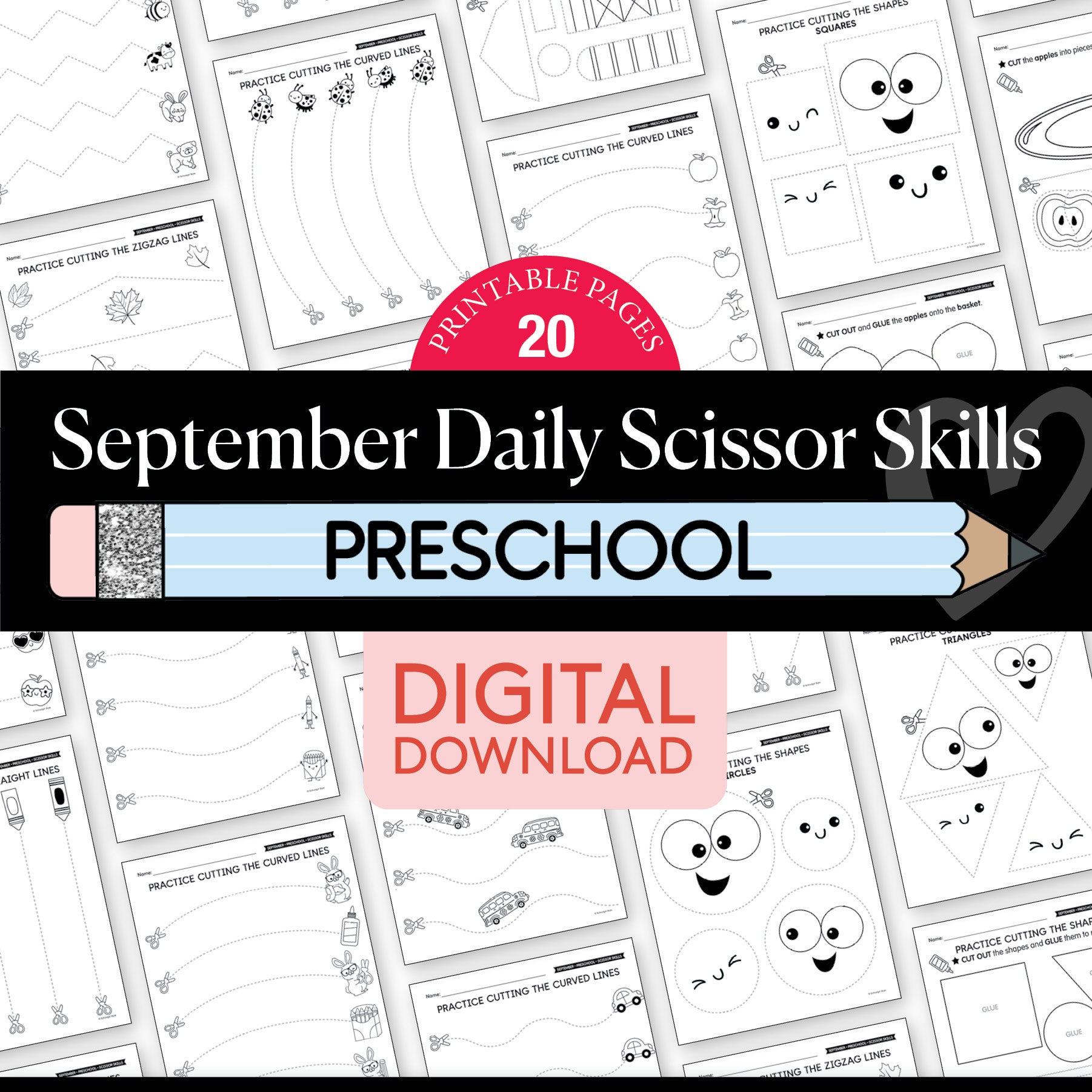 Preschool September Scissor Skills Worksheets