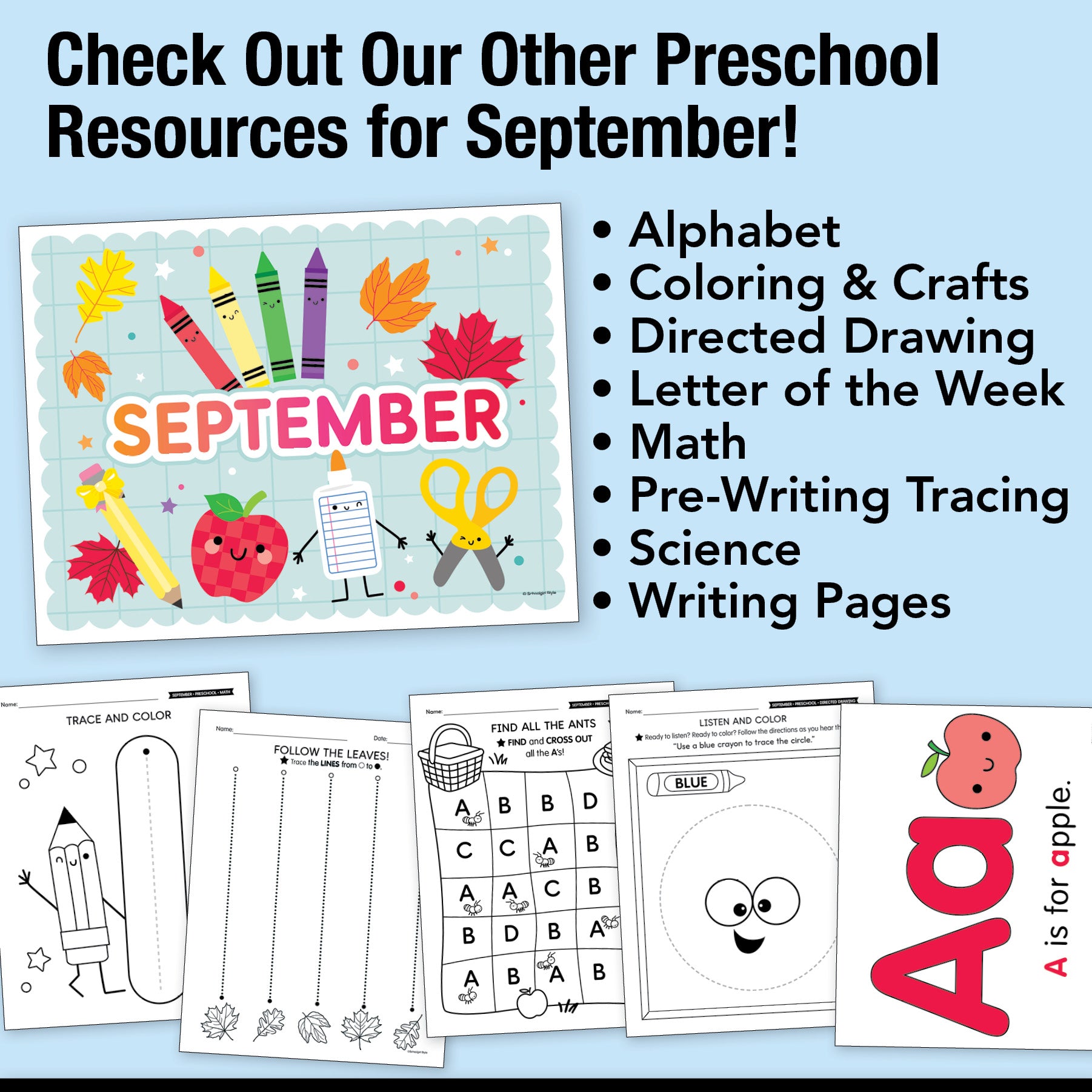 Preschool September Scissor Skills Worksheets