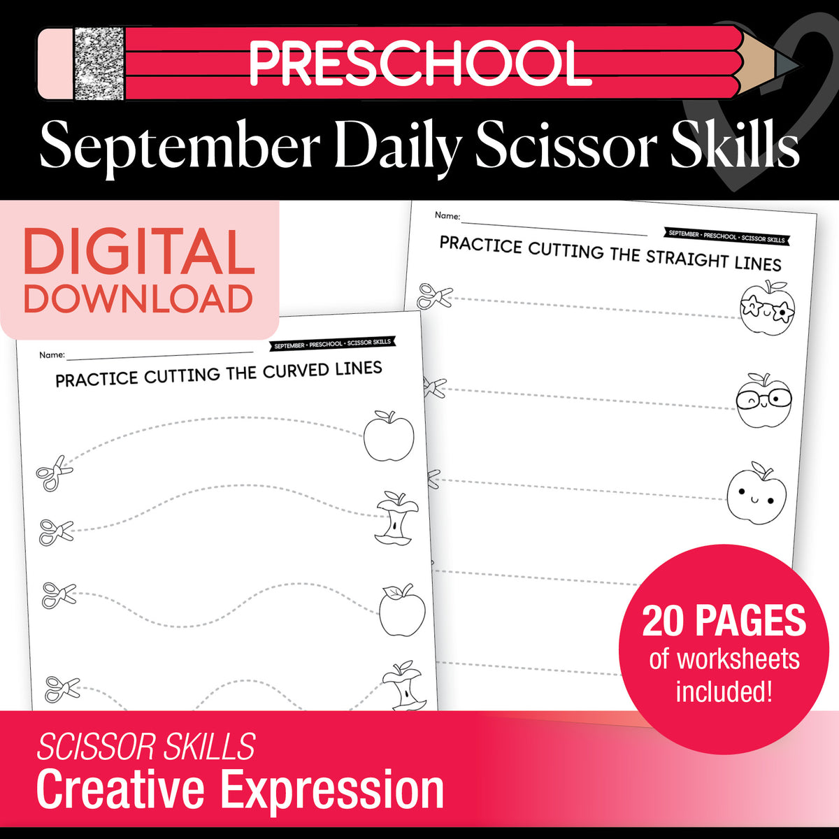 Preschool September Scissor Skills Worksheets
