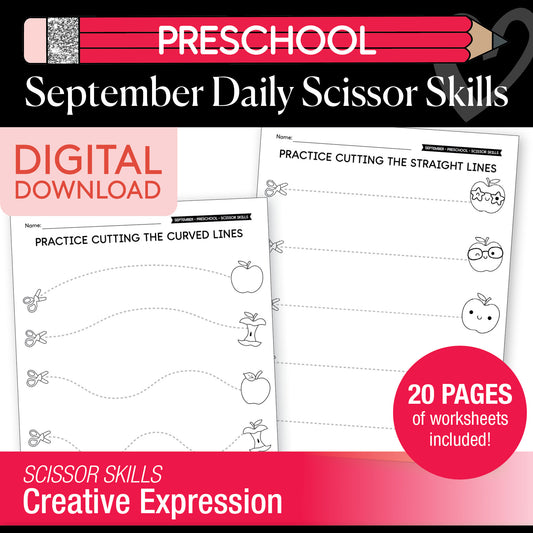 Preschool September Scissor Skills Worksheets