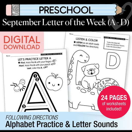 Printable Preschool September Letter of the Week (A-D)