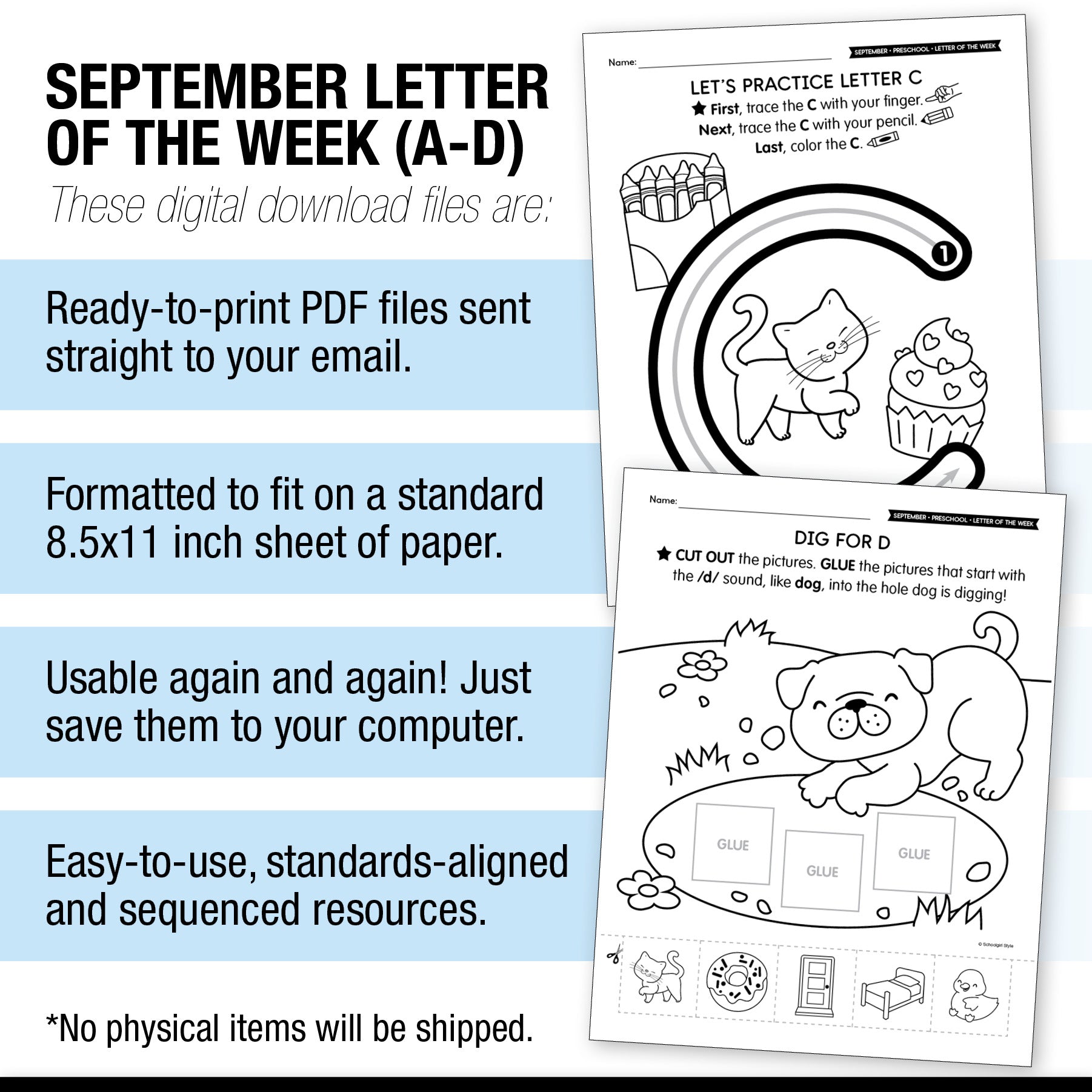 Printable Preschool September Letter of the Week (A-D)