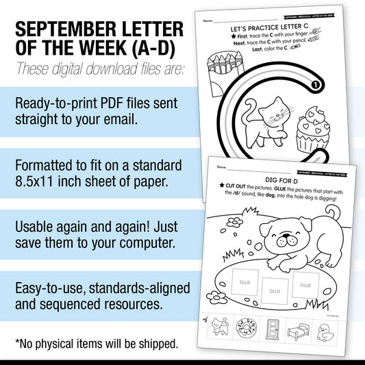Printable Preschool September Letter of the Week (A-D)