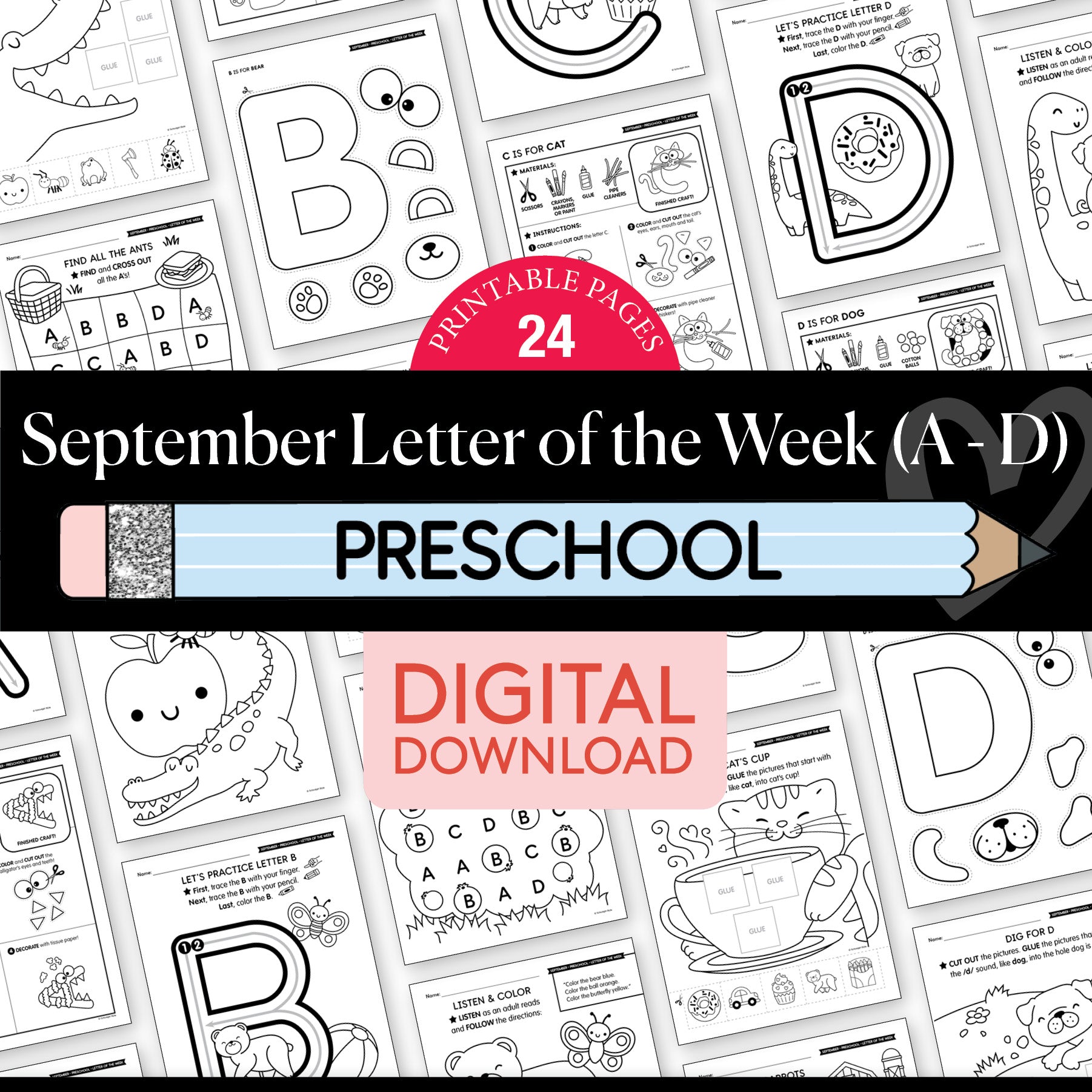 Printable Preschool September Letter of the Week (A-D)