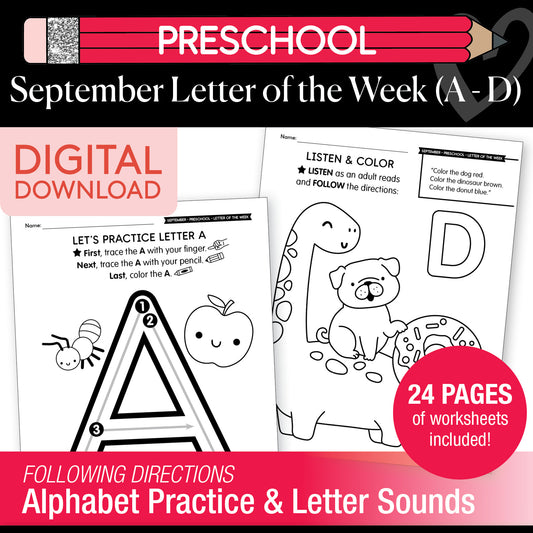 Printable Preschool September Letter of the Week (A-D)