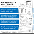 Load image into Gallery viewer, Second Grade September Daily Heart Words Worksheets
