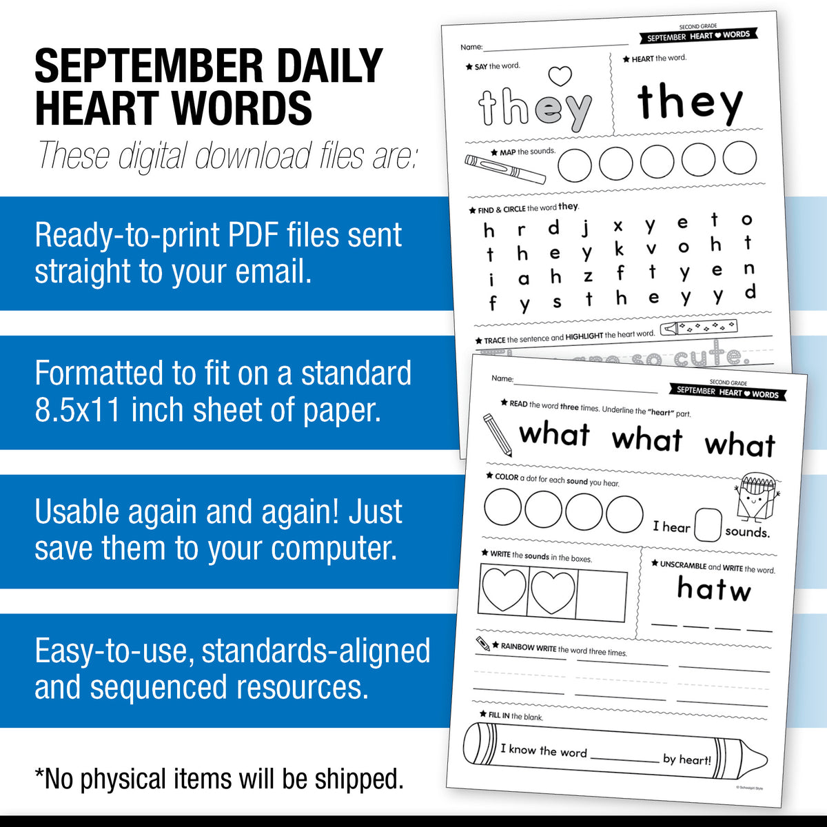 Second Grade September Daily Heart Words Worksheets