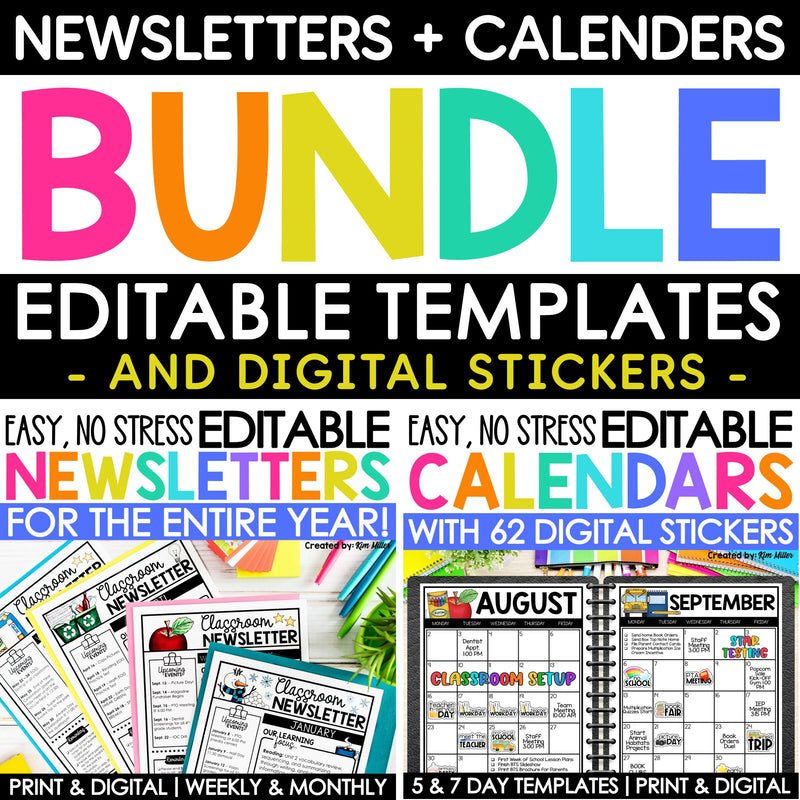 Editable Classroom Newsletters & 2024-2025 Monthly Calendars Templates BUNDLE