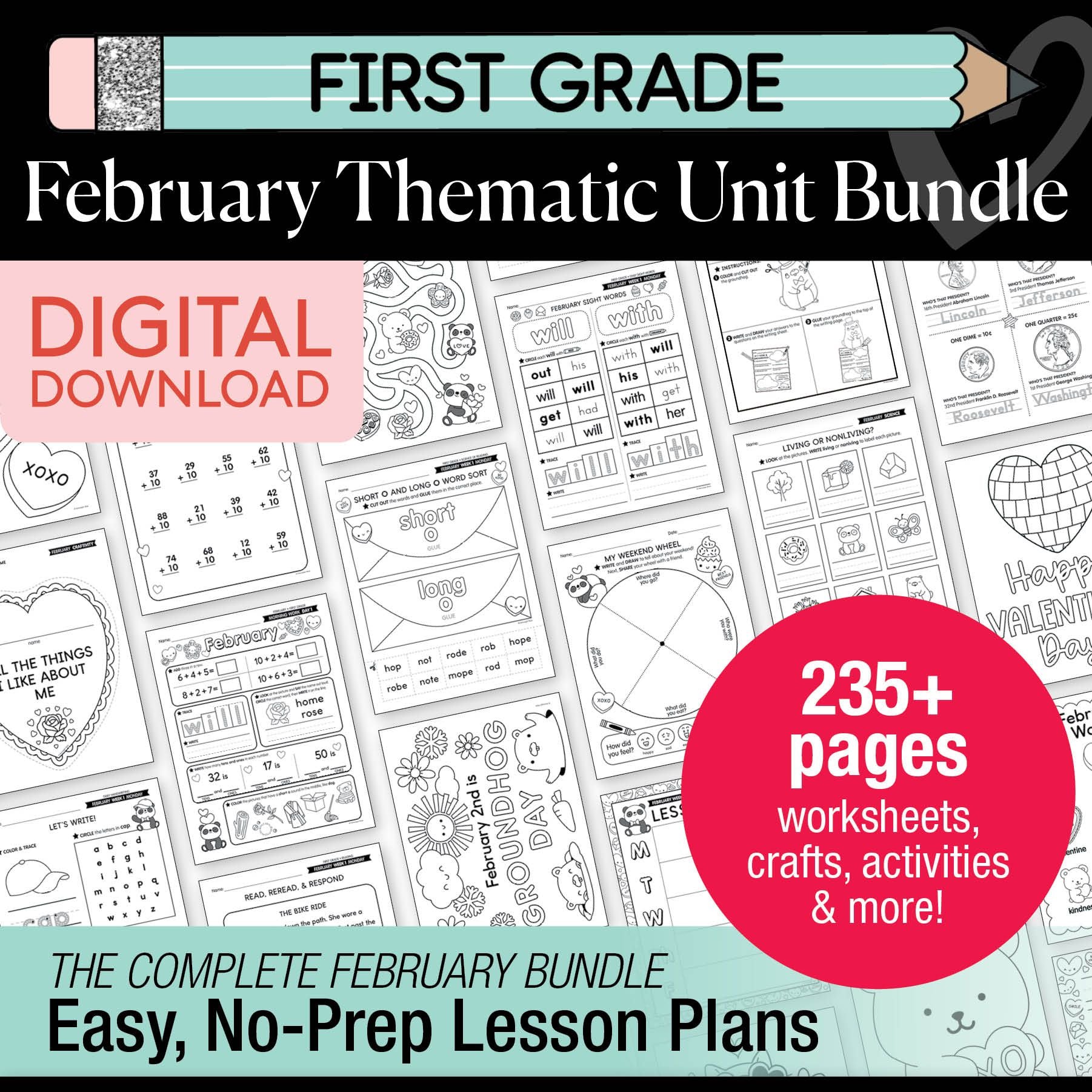 Printable First Grade February Thematic Unit Bundle