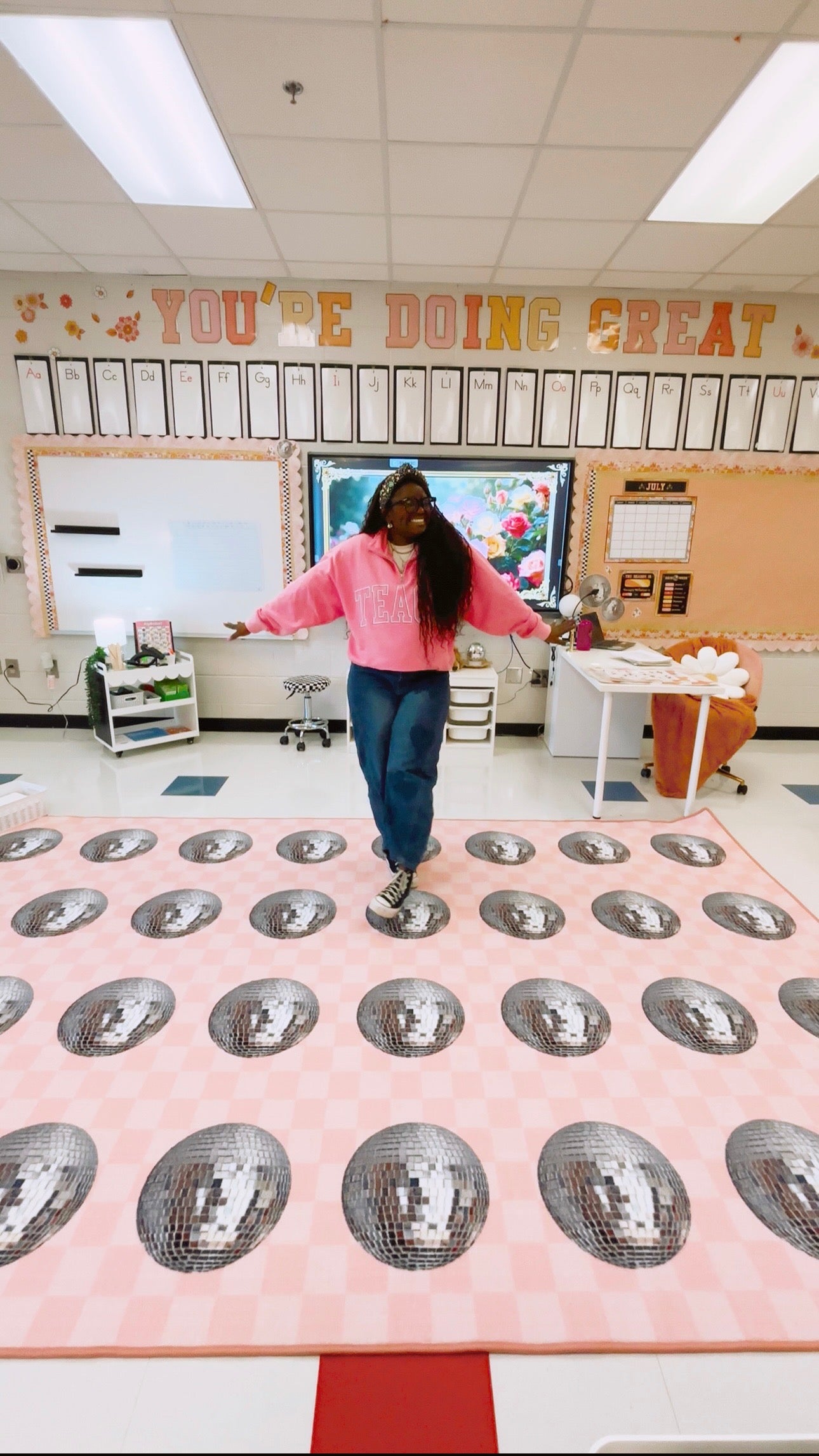 Pink Checkerboard Disco Ball Sit Spots Classroom Rug by Schoolgirl Style